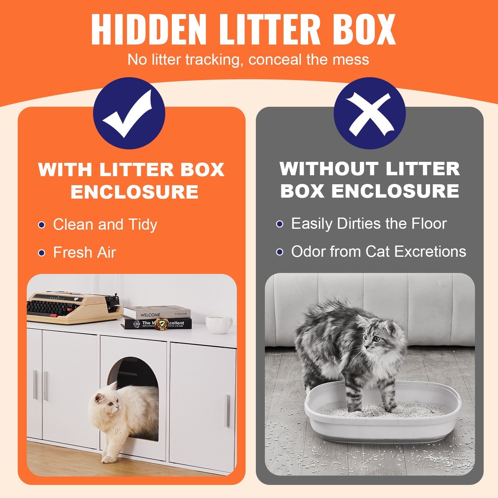 Cat Litter Box Furniture Enclosure – Hidden Bench Cabinet, White