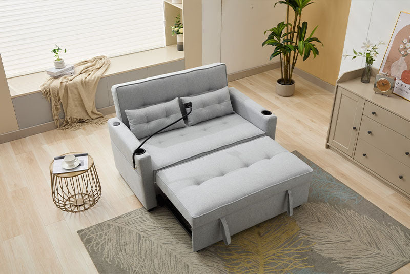 Futon Chair Bed Convertible 3-in-1 Pull-Out Sleeper with USB Ports, Wear-Resistant Leather Armchair Bed for Living Room