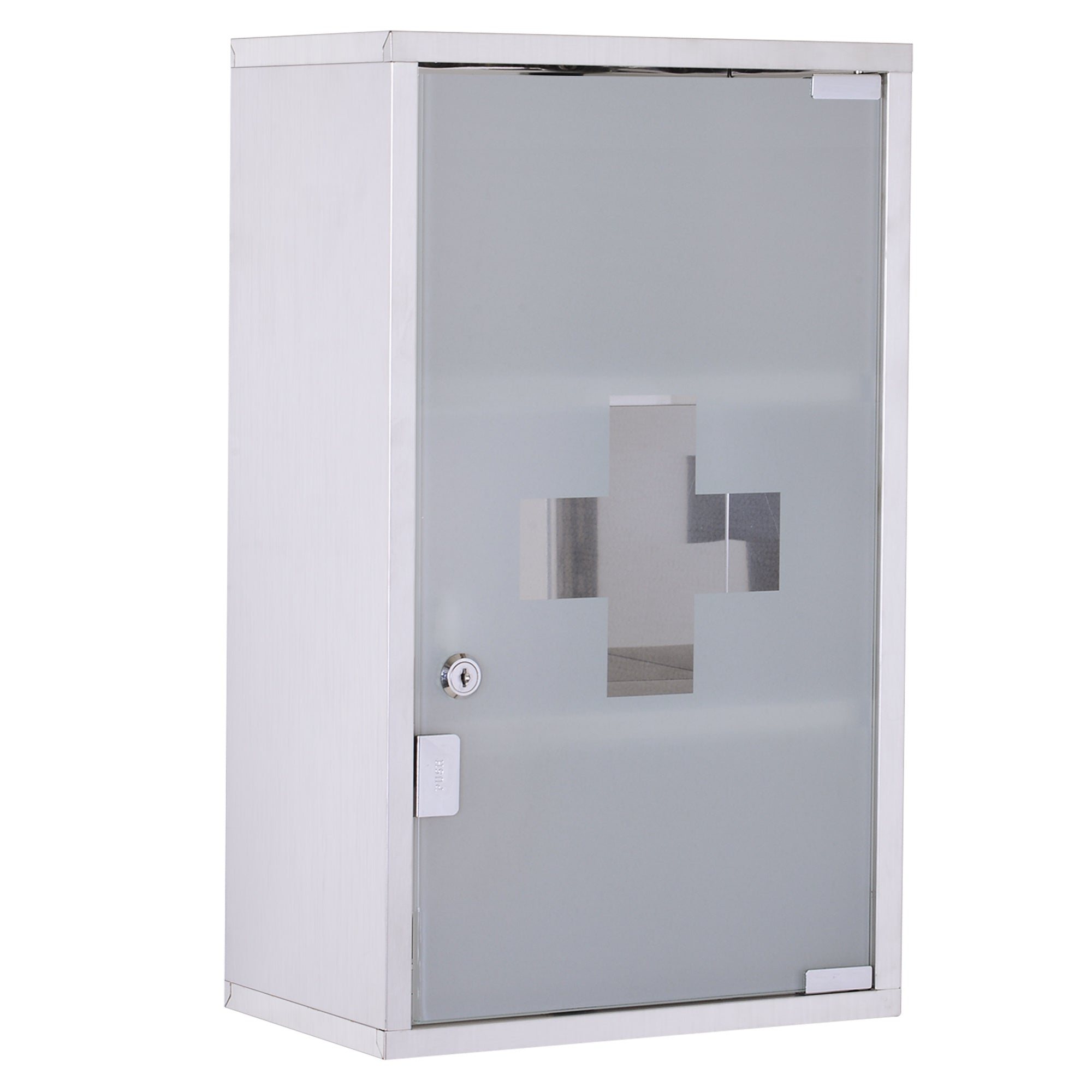 Coocosh wall-mounted medicine cabinet made of brushed stainless steel with a frosted glass door featuring a silver cross emblem, includes a lock and a push-to-open latch for convenient access and secure storage of medical supplies, presented in a clean st