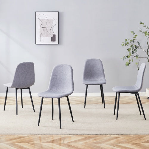 Luxury Simple Chair - Set of 4 Light Gray Linen-Cotton Dining Chairs with Black Metal Legs