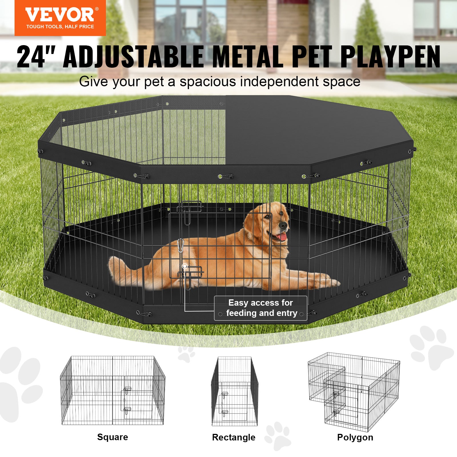 VEVOR Dog Playpen, 8 Panels Foldable Metal Dog Exercise Pen with Top Cover & 600D Oxford Bottom Pad, 24in H - 63" x 63"