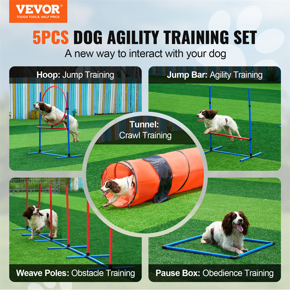 VEVOR Dog Agility Training Equipment — 5‑Piece Set with Extended Tunnel