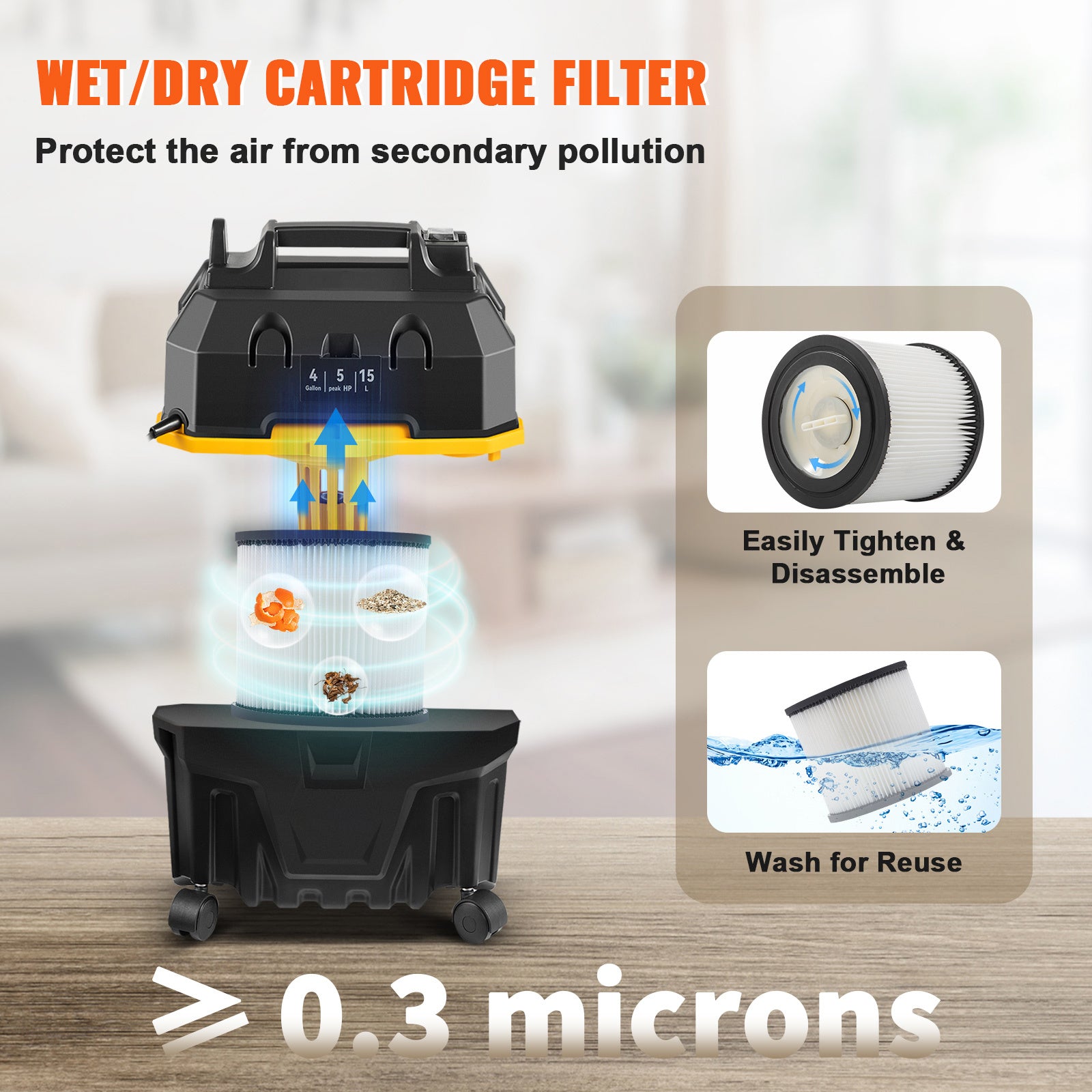 VEVOR 4 Gallon Wet Dry Vac — 5 Peak HP, 3‑in‑1 Shop Vacuum with Blower (Black)