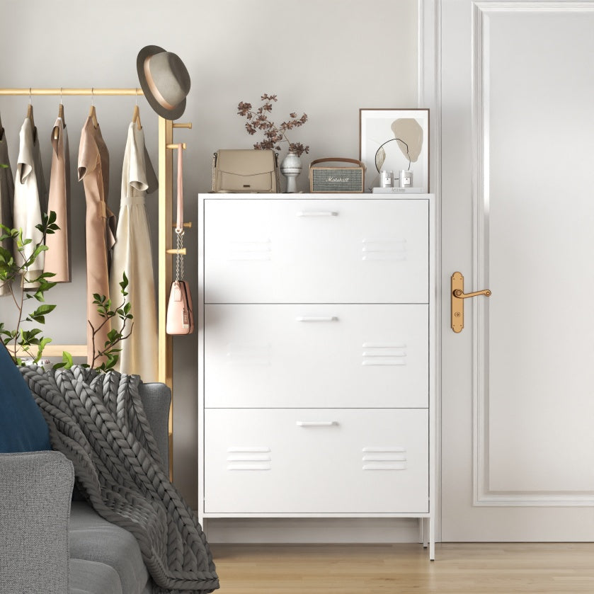 Coocosh Modern Storage Cabinet with sleek white finish, featuring three spacious drawers and minimalist design, perfect for organizing in any contemporary living space.