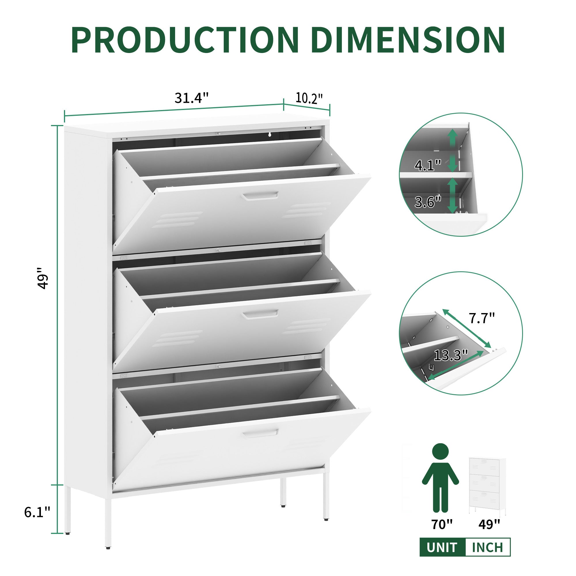Coocosh Storage Unit with three spacious compartments, made from durable materials in a sleek white finish, measuring 31.4" wide, 10.2" deep, and 49" tall, shown in a detailed view highlighting dimensions and functionality.
