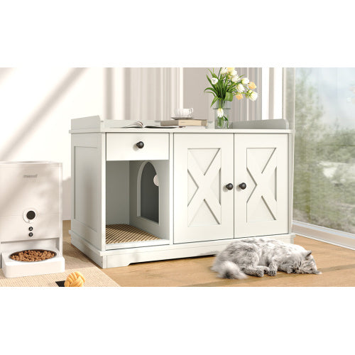 GO Cat Litter Box Enclosure, Hidden Litter Box Furniture with Storage Drawer & Mat — Farmhouse White