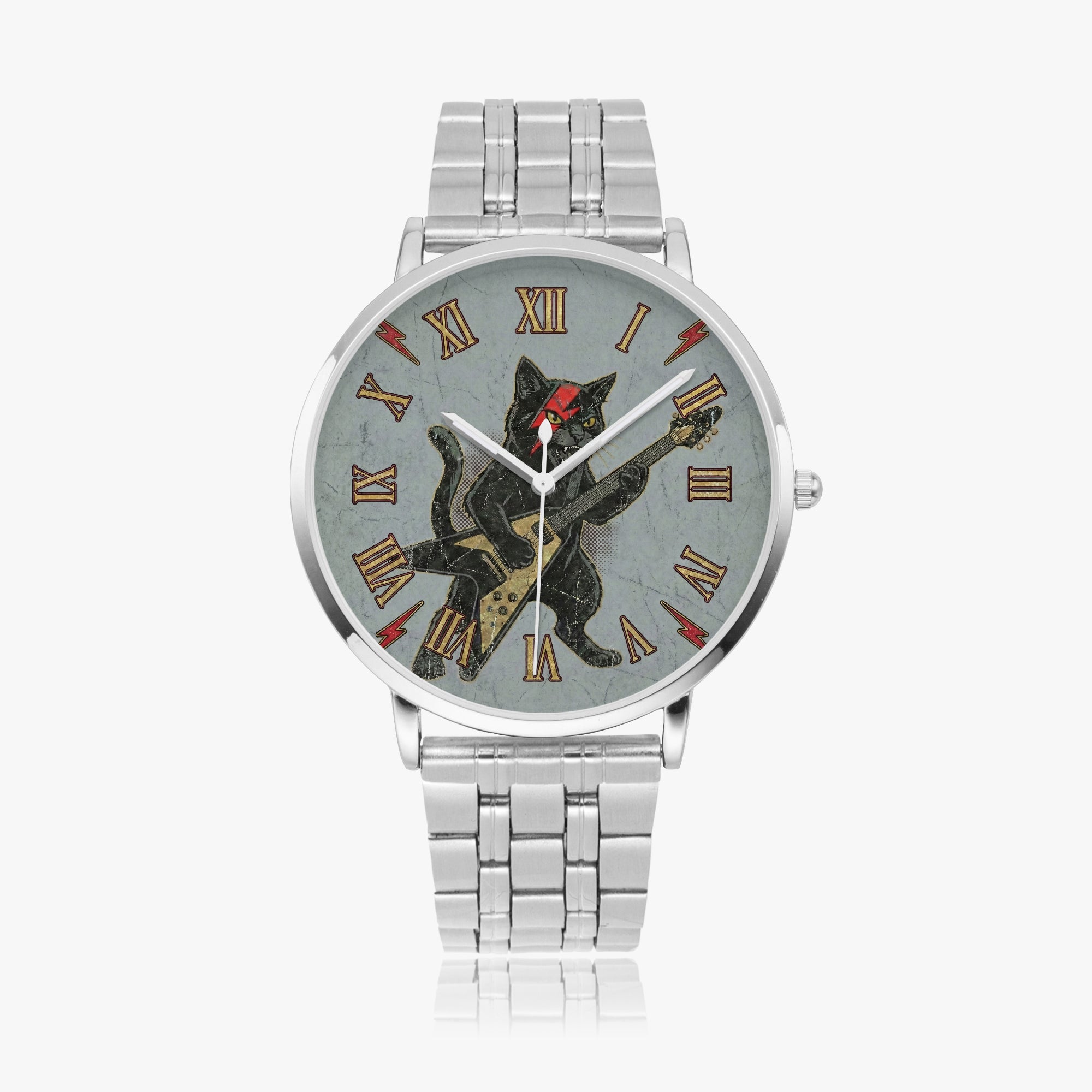 Coocosh Thunder Cat Watch, a chic black quartz timepiece with a whimsical cat graphic, features a premium stainless steel strap that combines durability with playful elegance, perfect for adding a touch of fun to any outfit.