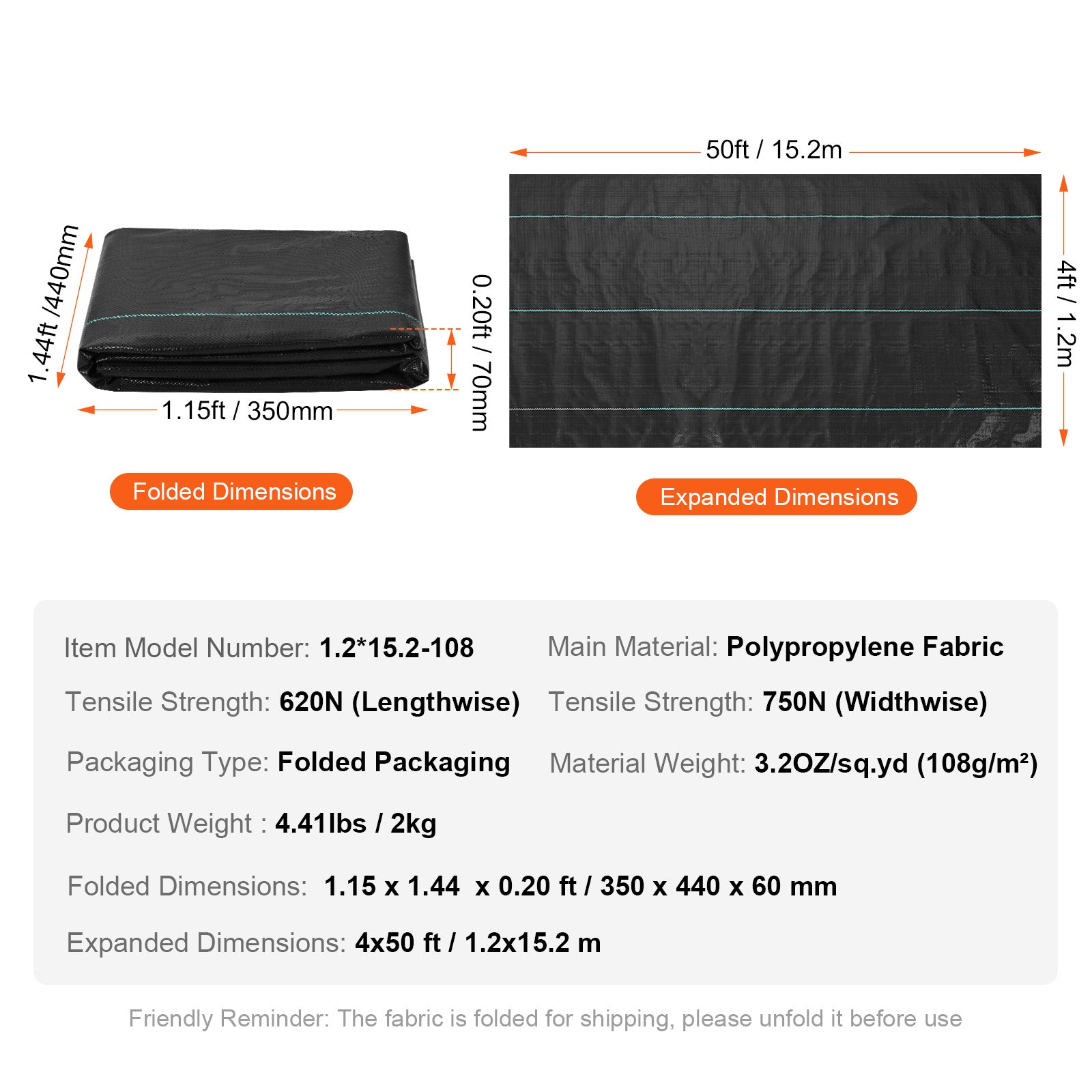 VEVOR Heavy Duty Weed Barrier Landscape Fabric – 4 x 50 ft (1.2 x 15.2 m), 108 g/m²