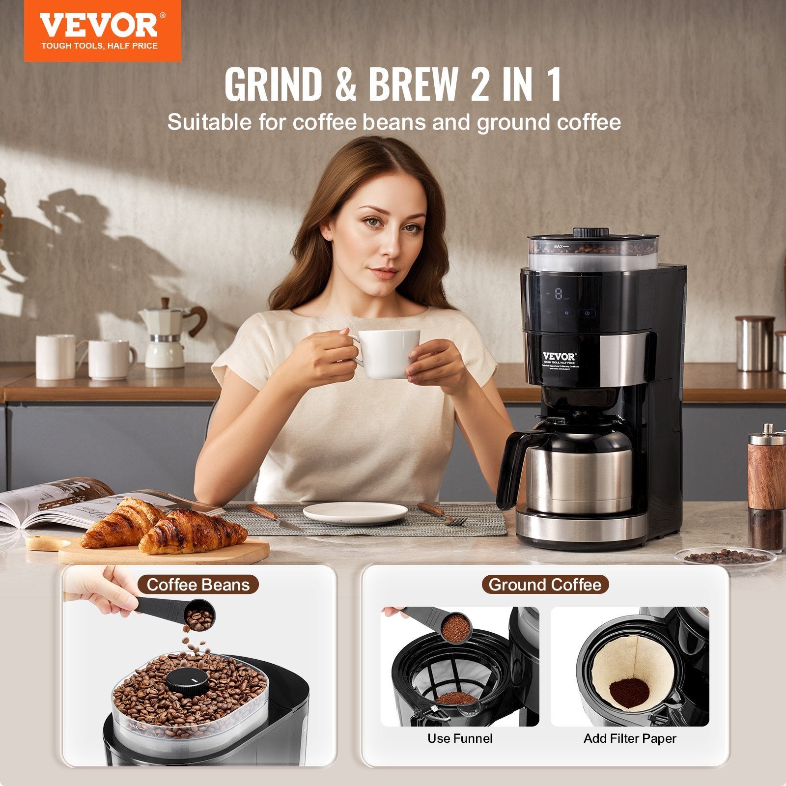 VEVOR 8-Cup Coffee Maker Drip Coffee Machine With 3 Brew Strength Control