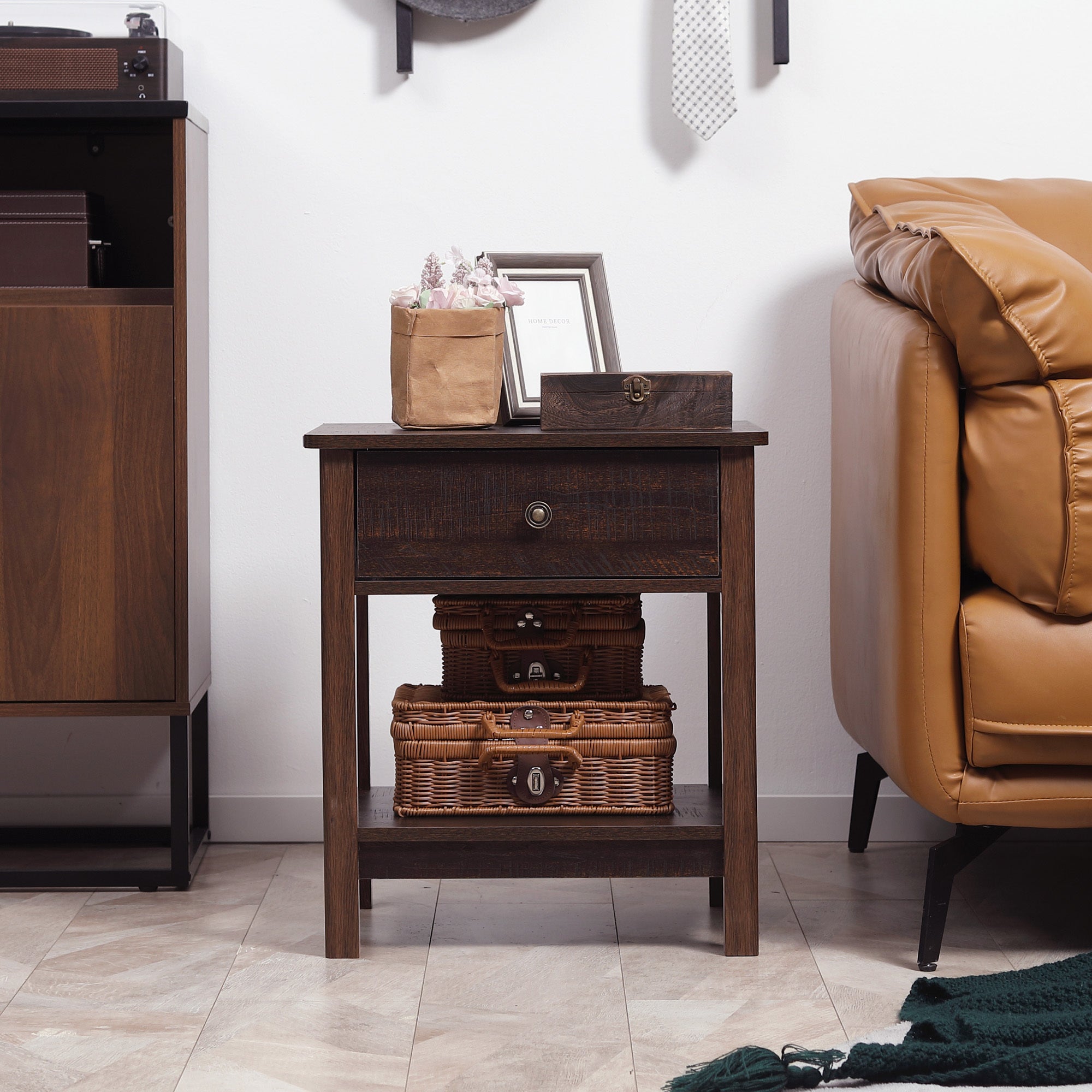 Coocosh compact nightstand with stylish design, includes a drawer and shelves for practical storage, dressed in a rich brown color, perfect for bedside essentials.