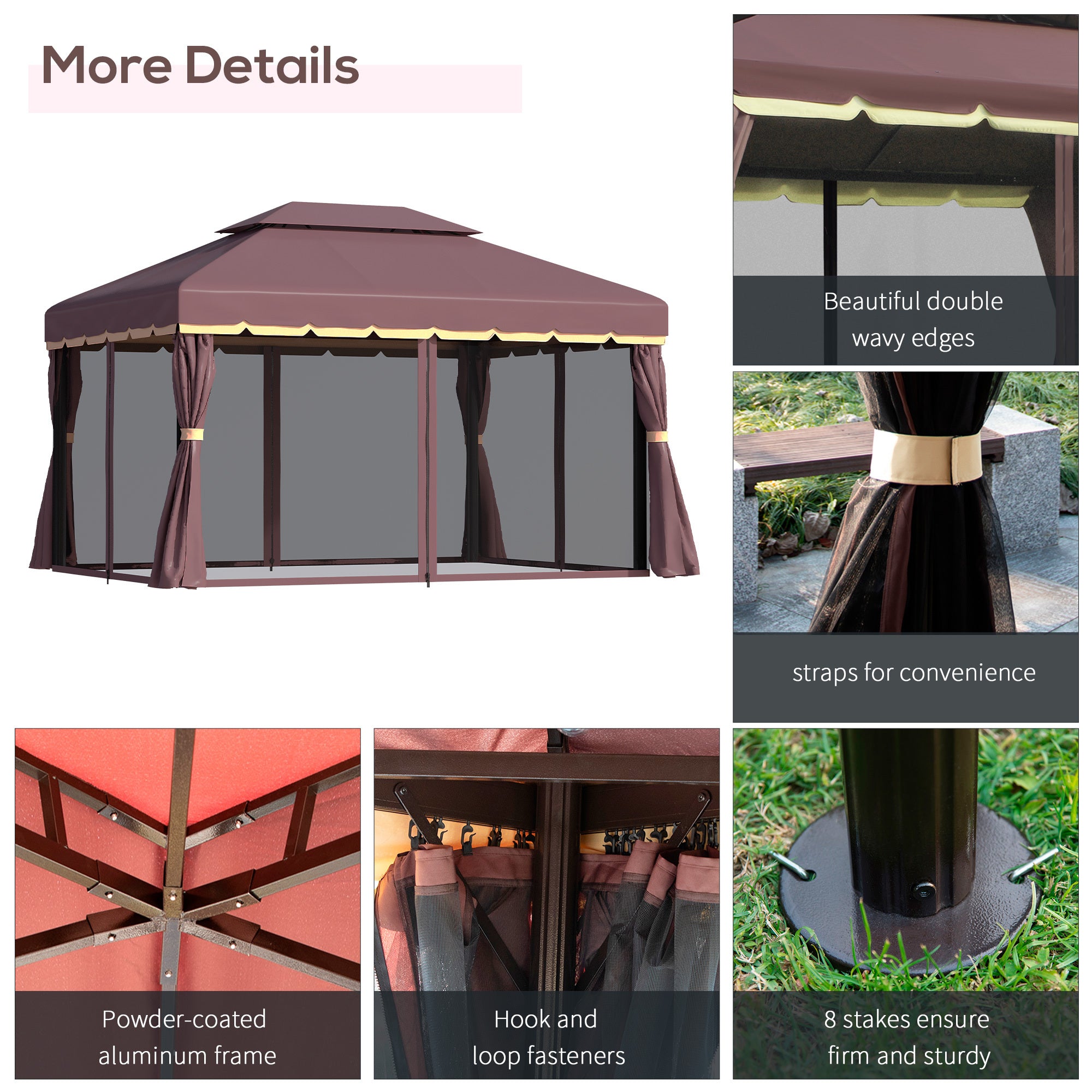 Coocosh aluminum canopy designed for patios, showcasing a spacious 10x13 structure with elegant netting and curtains in striking red, perfect for enjoying summer evenings outdoors.