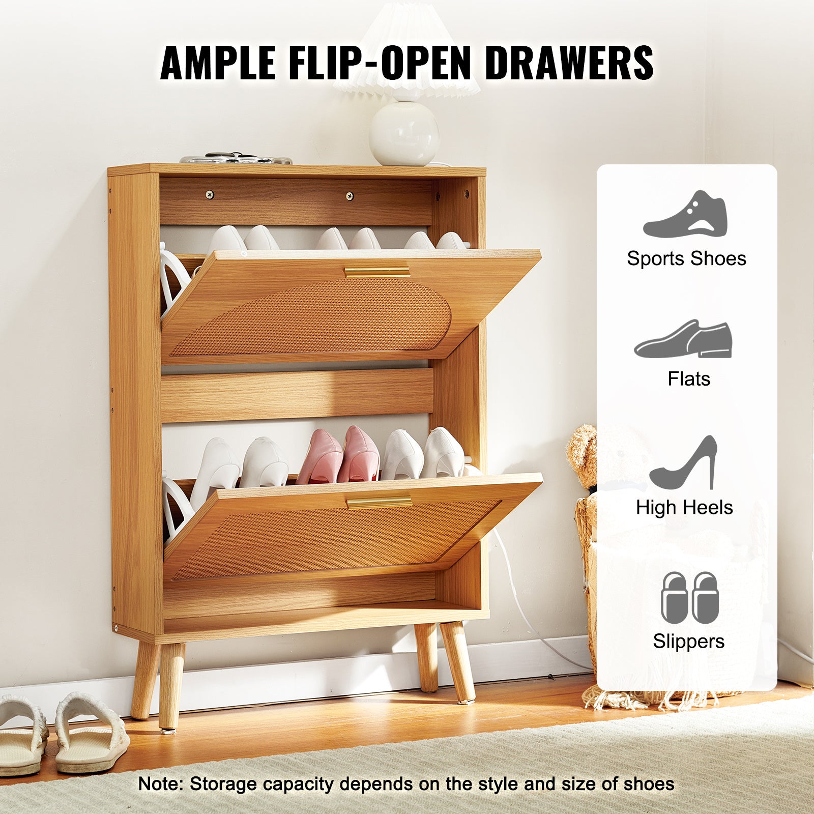 VEVOR Shoe Cabinet With 2 Flip Drawers, Rattan Door Shoe Storage Organizer