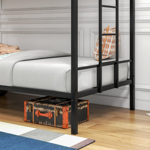 Coocosh Metal Loft Bed Frame with a stylish modern design, featuring a sturdy structure in sleek black, complemented by an eye-catching vintage trunk underneath. Ideal for maximizing space in any bedroom.