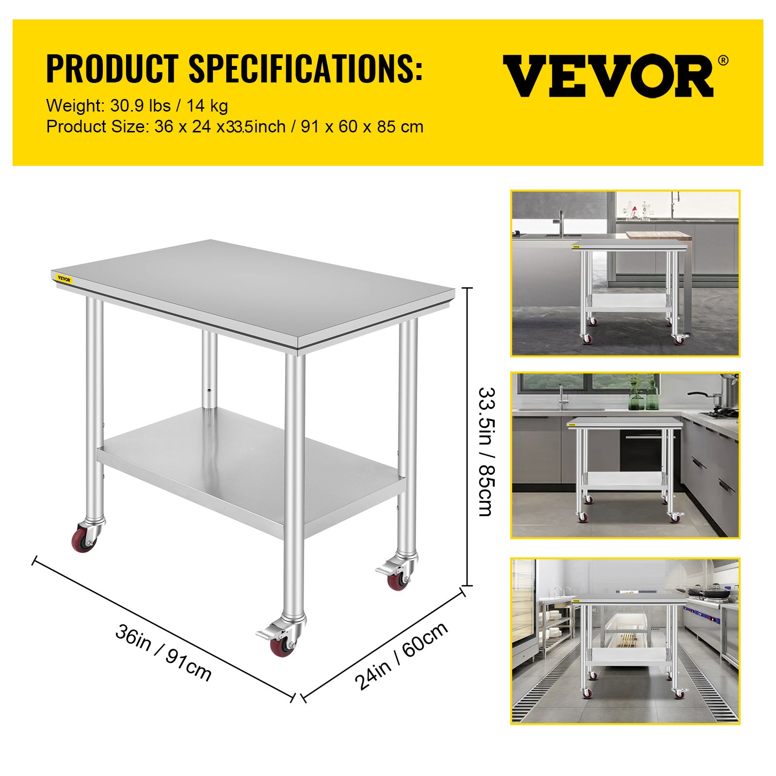VEVOR 36 x 24 in Stainless Steel Commercial Work Table w/ Casters