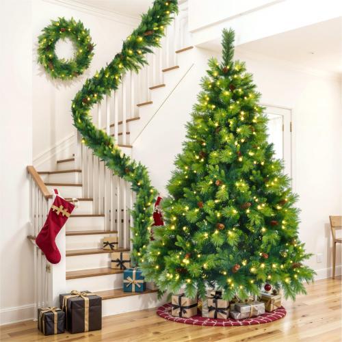 6FT Grass Green Pre-Lit Christmas Tree Set with 9ft Garland & 1.64ft Wreath