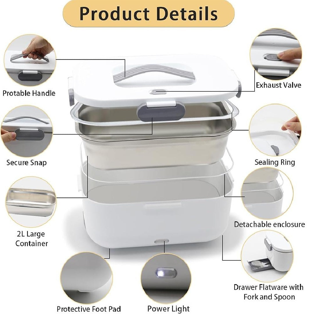 Electric Lunch Box Food Warmer – 2-in-1 110V Home & 12V Car, Stainless-Steel Tray (US)