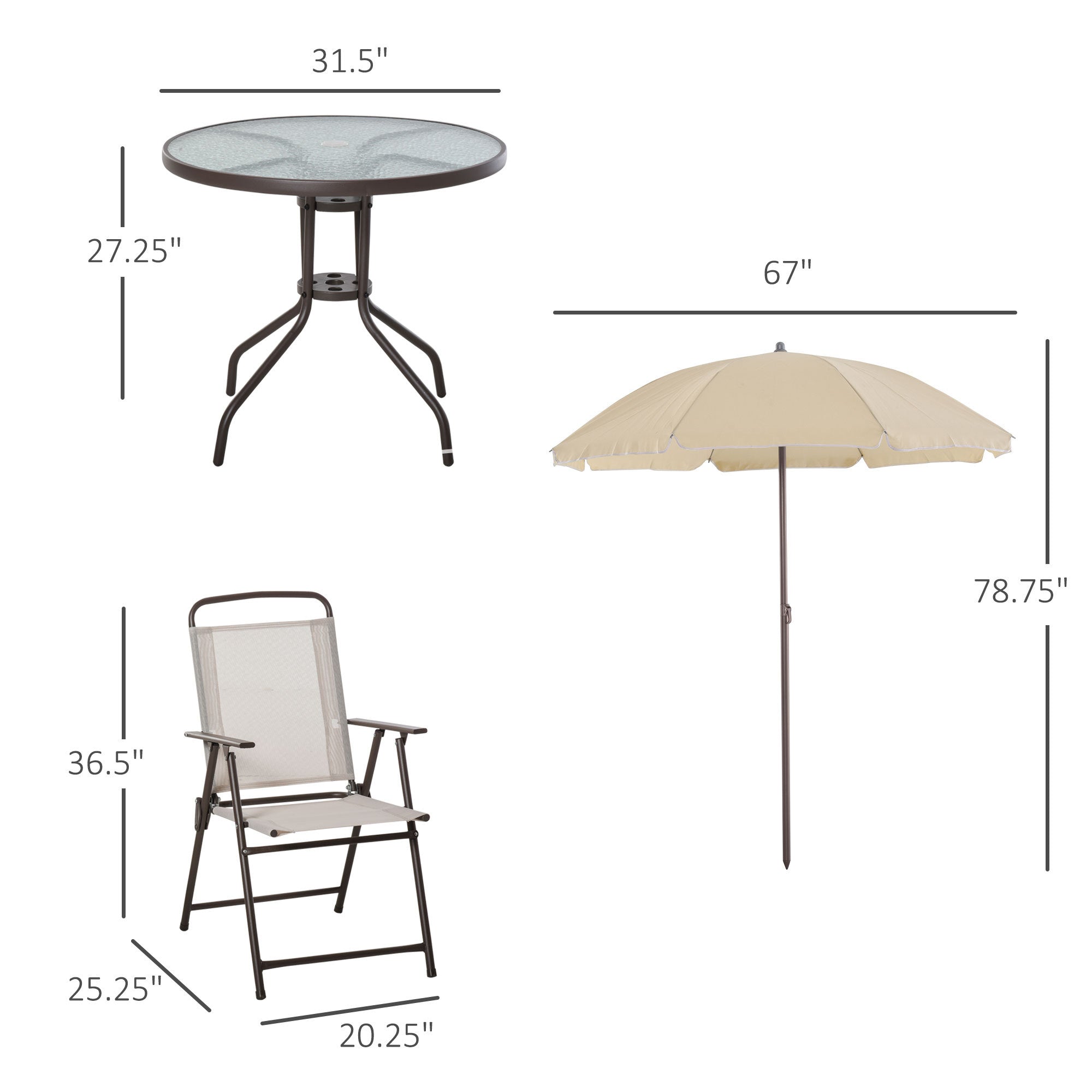 Coocosh Outdoor Furniture Set featuring a round glass-top table, an adjustable beige umbrella, and a reclining chair, perfect for relaxing outdoors. Table dimensions: 31.5" x 27.25", Chair dimensions: 20.25" x 25.25" x 36.5", Umbrella height: 78.75".