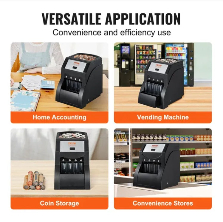 VEVOR USD Coin Sorter, Coin Sorter Machine For USD Coin 1 5 10 25, Sorts Up To 230 Coins Min, Coin Sorter And Wrapper Machine Holds 200 Coins Included 4 Coin Tubes, Black