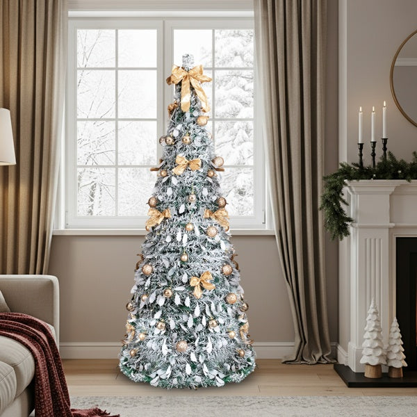 6 FT Snow Flocked Pre-lit Pop-Up Christmas Tree with 100 Warm Lights & Golden Ornaments