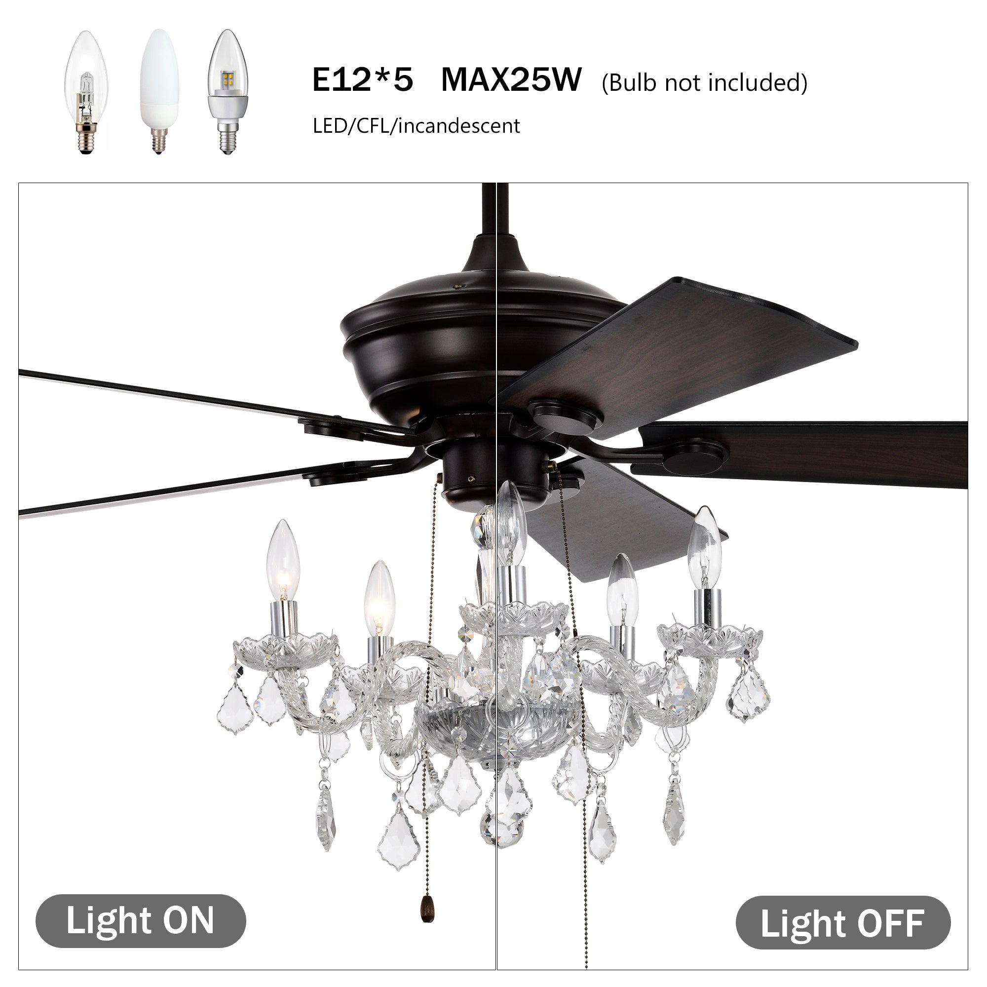52" Matte Black Crystal Shade Ceiling Fan Lamp — 3-Speed Reversible Motor, 5 Reversible Blades (E12×5, Bulbs Not Included)