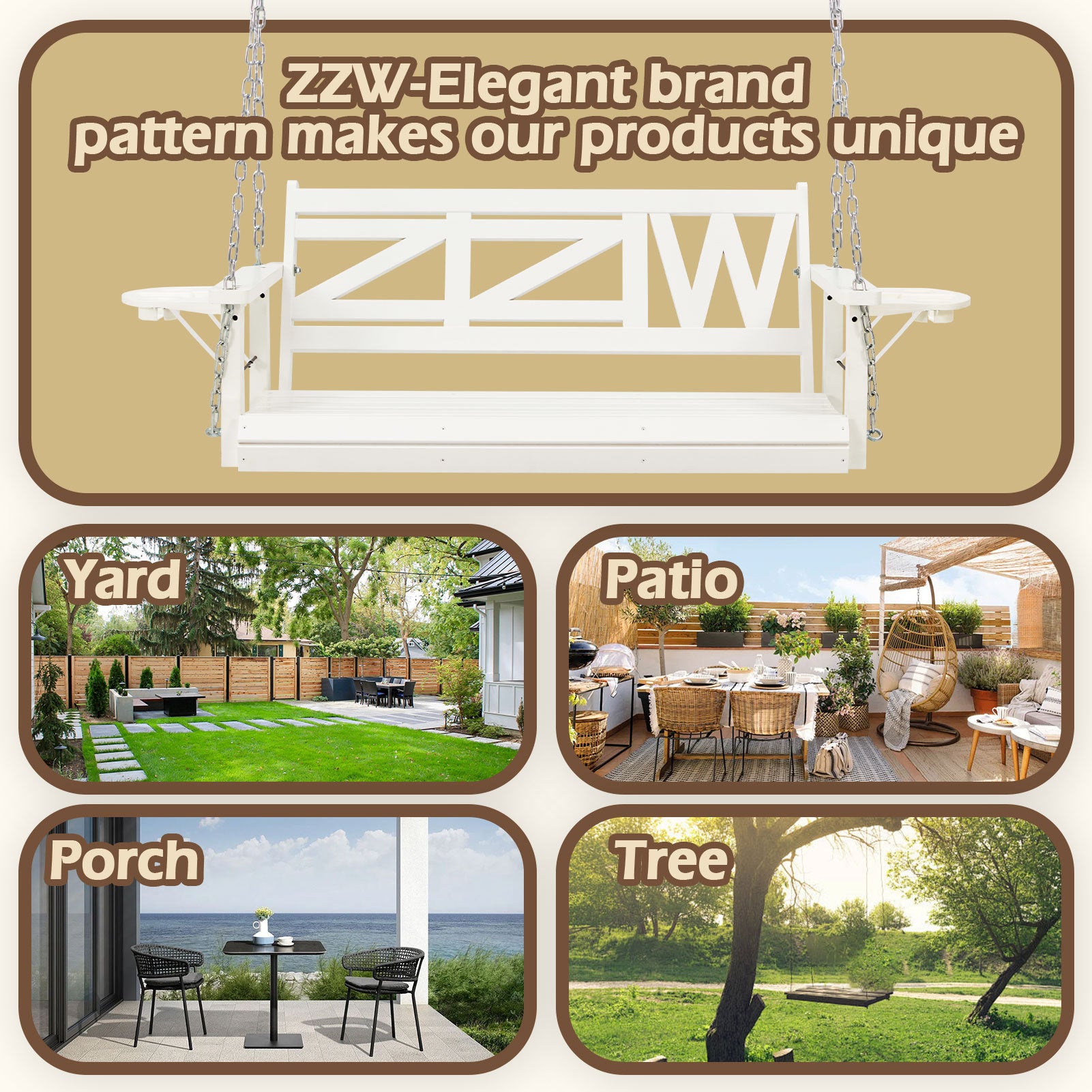 Wooden Outdoor Porch Swing With 2-Seat