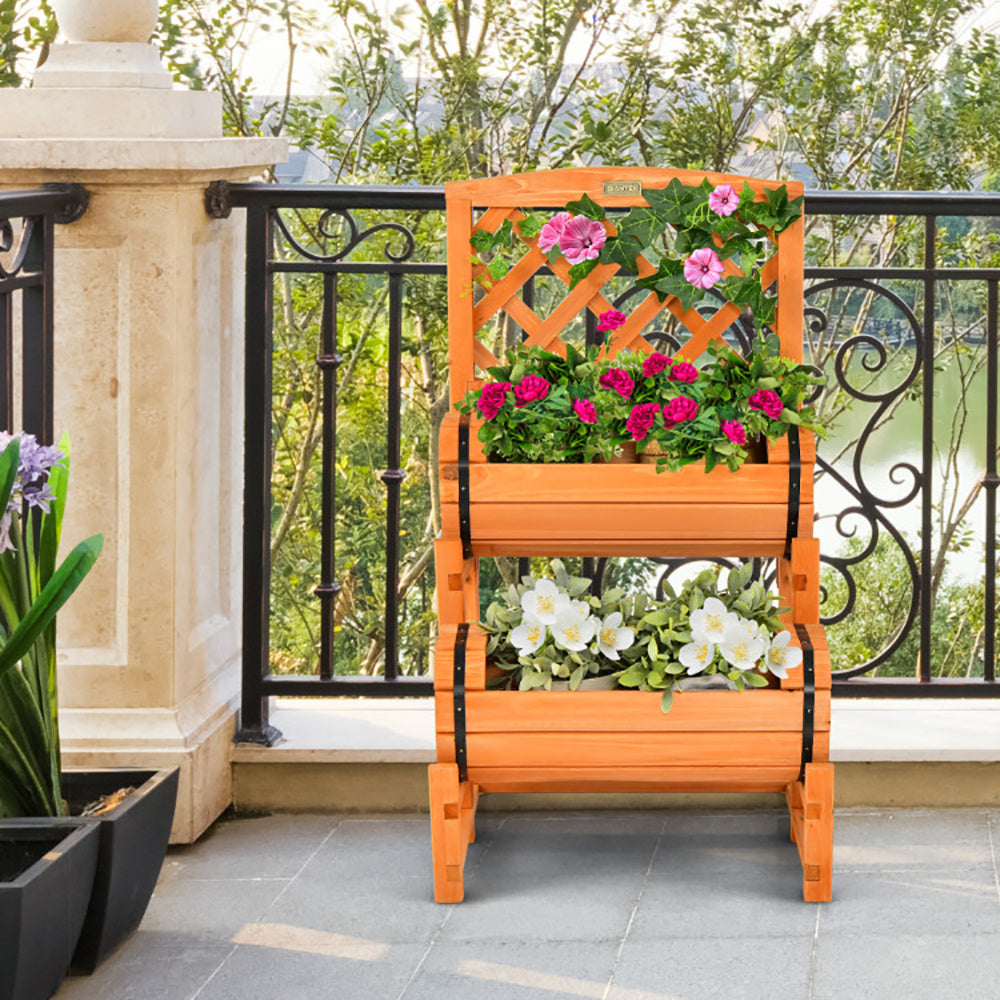 Coocosh's two-tier raised garden bed features an orange fir wood frame with a supportive diamond lattice trellis, perfect for enhancing small patios and balconies with lovely climbing plants.