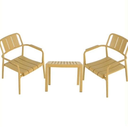 Coocosh modern outdoor chair and matching side table set in a sunny yellow hue, perfect for creating a vibrant patio oasis and offering comfortable seating for relaxation.
