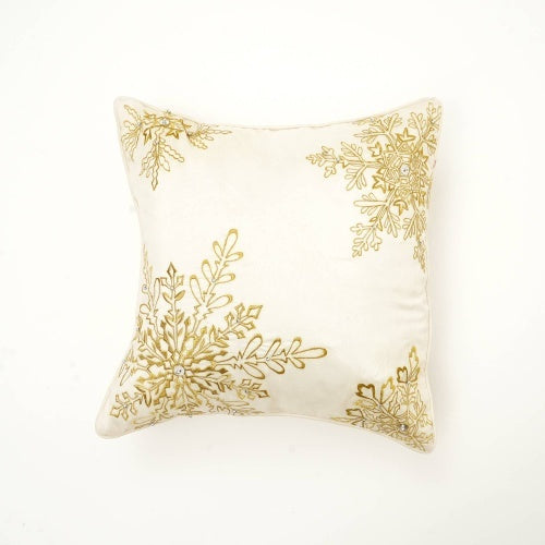 Coocosh cream decorative pillow featuring intricate gold snowflake embroidery with scattered rhinestones, presented in a straight-on view, perfect for adding festive elegance to any room.