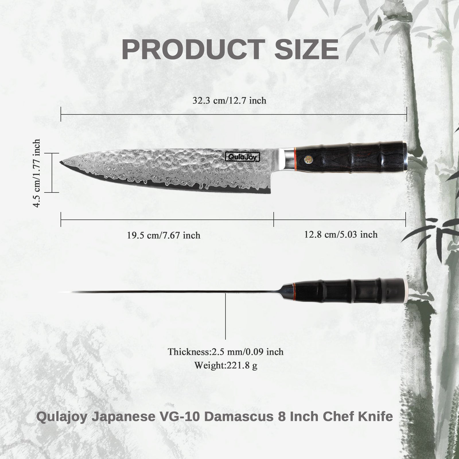 Qulajoy Japanese Chef Knife 8 Inch, 67-Layer Damascus VG-10 Steel Core — Hammered Blade & Ergonomic Bamboo-Style Wooden Handle