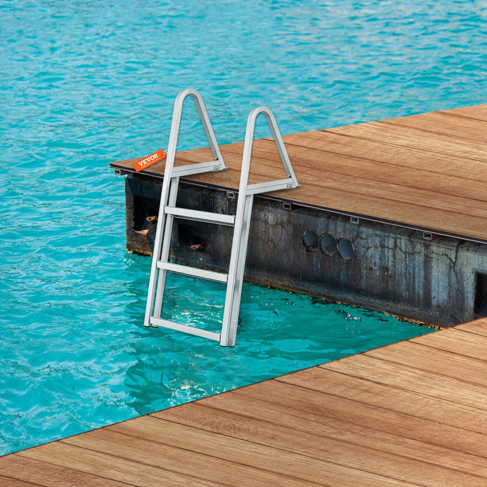 VEVOR Dock Ladder, Removable 3 Steps, 350 Lbs Load Capacity, Aluminum Alloy Pontoon Boat Ladder With 4 Wide Step & Nonslip Rubber Mat, Easy To Install For Ship Lake Pool Marine Boarding