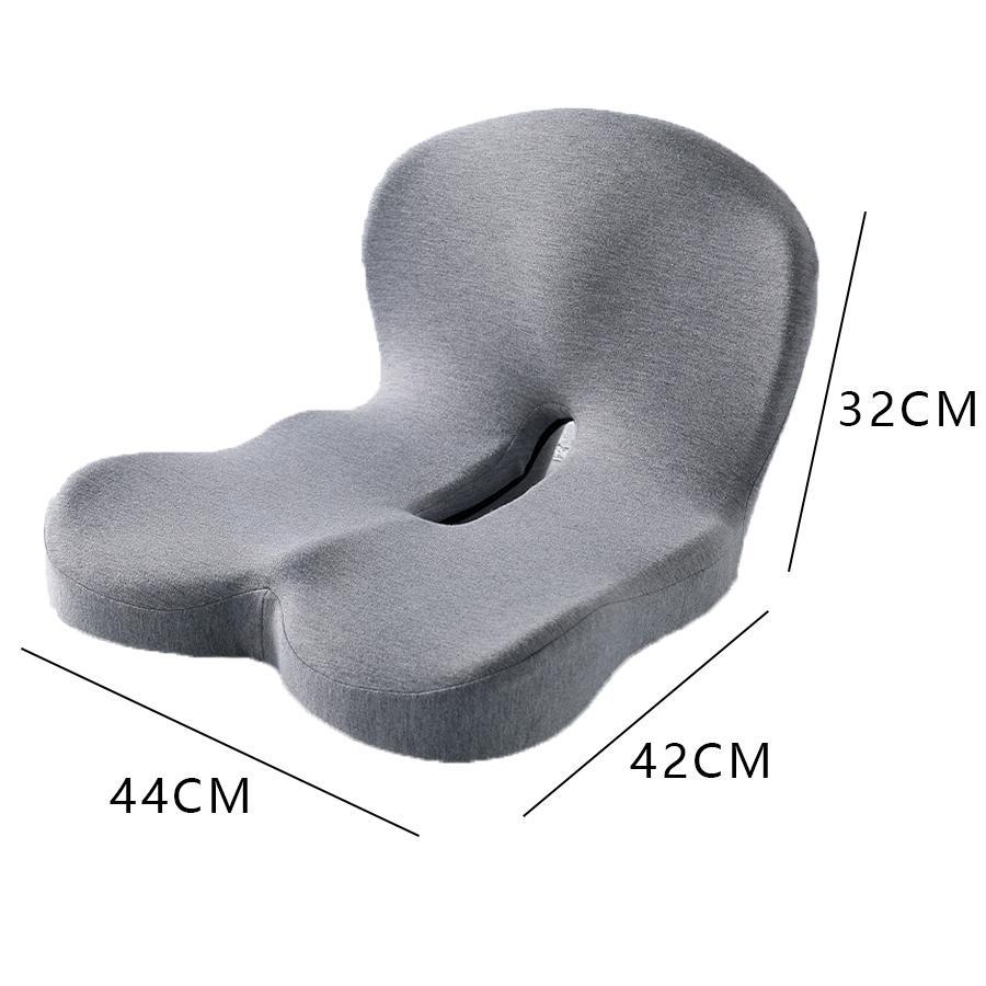 Coocosh Comfort Cushion with ergonomic design, crafted from soft polyester fabric, in a sleek gray color. Measures 44cm x 42cm x 32cm, showcasing a main view to highlight its supportive structure and comfort features.