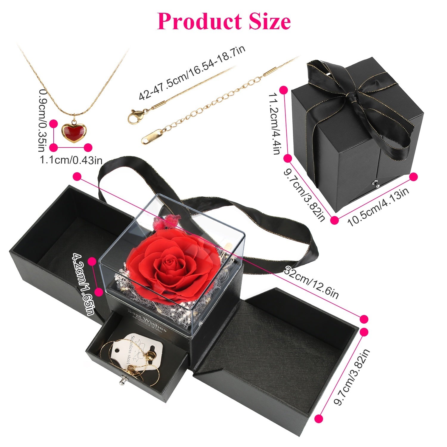 Coocosh Jewelry Gift Set featuring a vibrant red rose encased in a clear box, with a stylish black gift box and a heart-shaped necklace. Dimensions: 32cm x 9.7cm x 10.5cm. Perfect for special occasions.