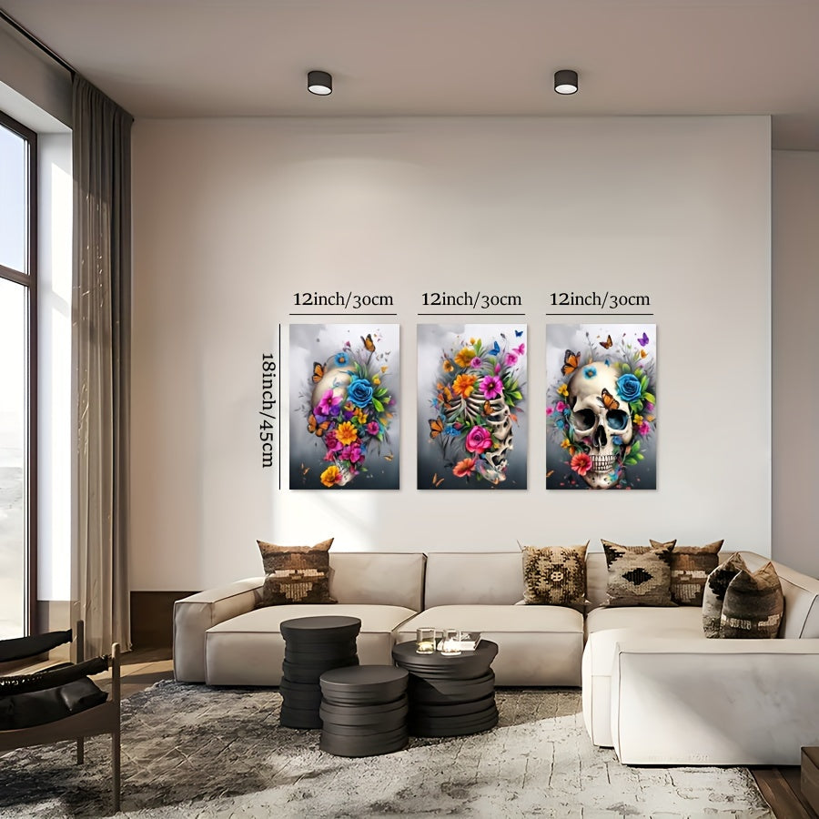 3 Pieces Skull Art Canvas Painting - Framed Contemporary Minimalist Artwork
