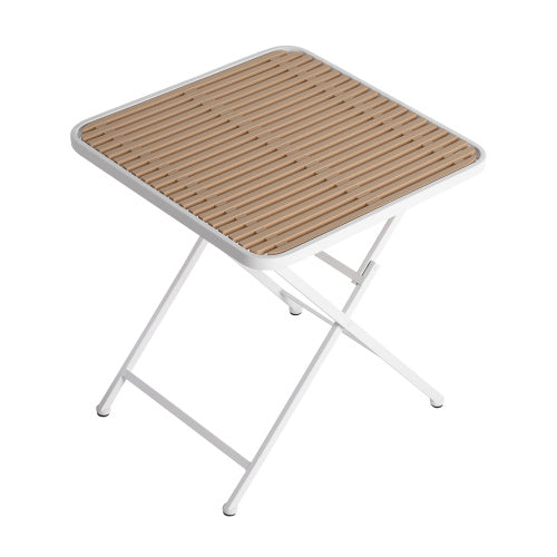 Coocosh outdoor folding table with a slatted wood-look tabletop and white metal frame, shown in a close-up isometric view, perfect for compact outdoor spaces.