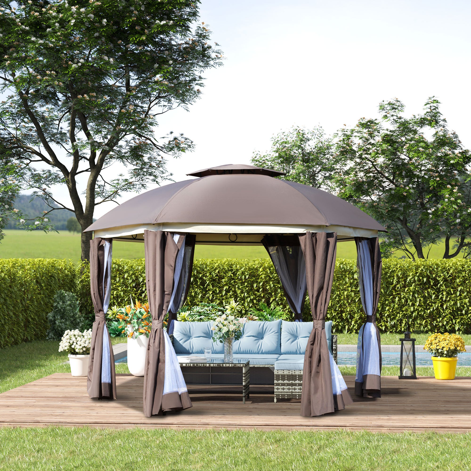 Coocosh Outdoor Gazebo with Elegant Curtains, Steel Frame, and Polyester Canopy, Brown and Blue, Spacious for Patio, 10x10 feet, Lifestyle Shot in Garden Setting.
