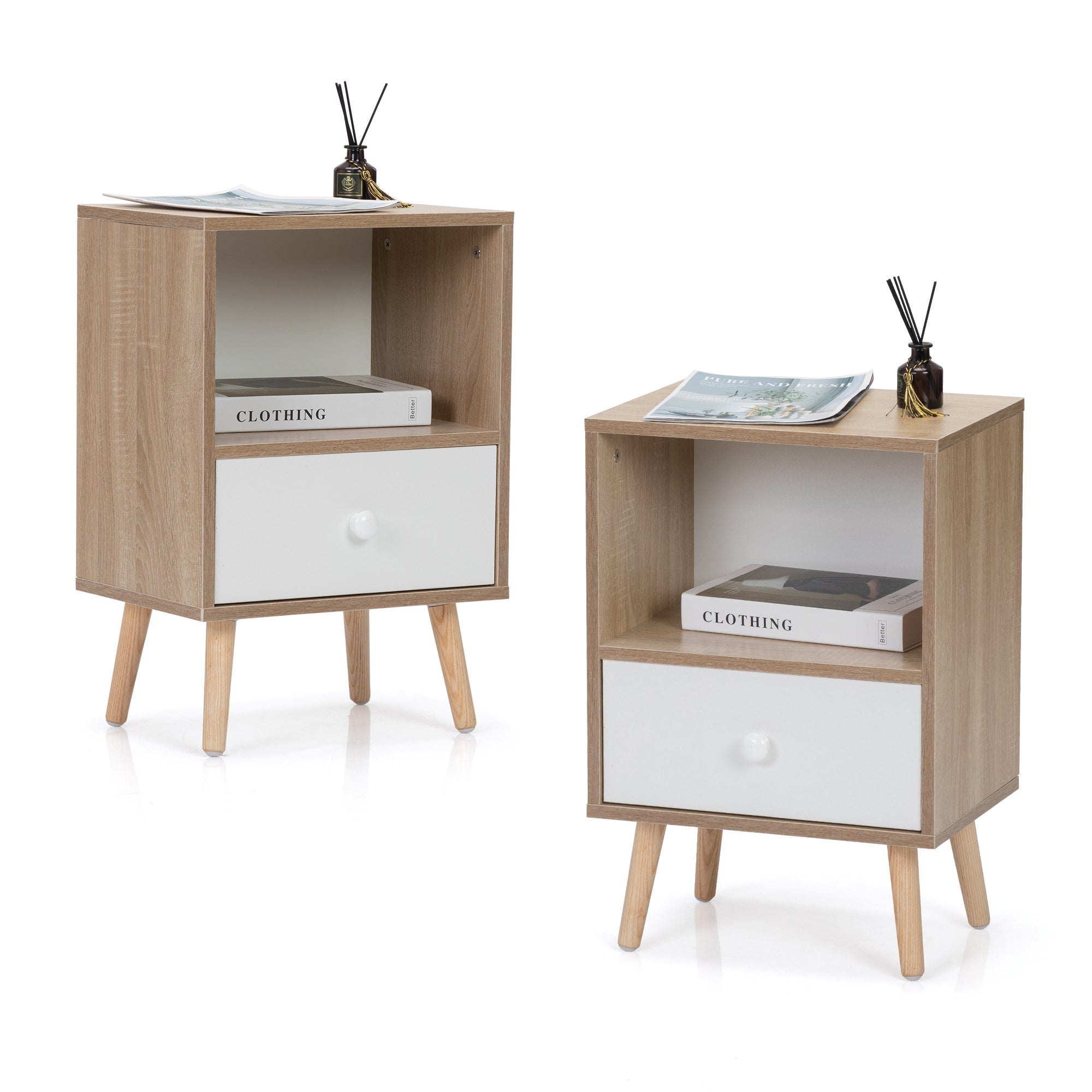 Coocosh Nightstand with Open Shelf and Drawer, Wooden, Natural Oak and White, Compact Design, Perfect for Bedroom or Living Room, Enhances Space with Modern Touch.