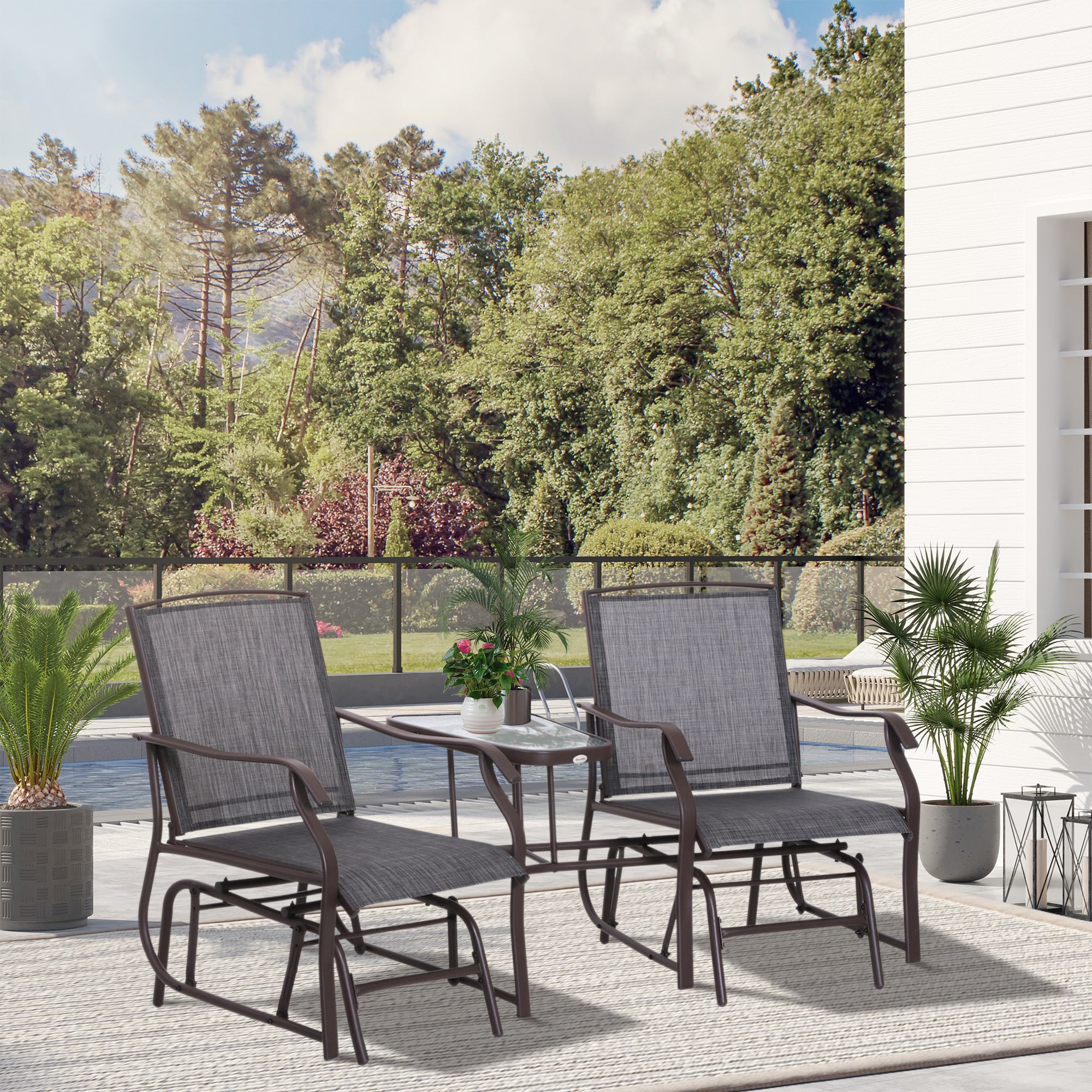 Coocosh Outdoor Chairs Set with sturdy steel frame and breathable PE netting, featuring a sleek gray finish in a tranquil patio setting, perfect for relaxation and outdoor gatherings.