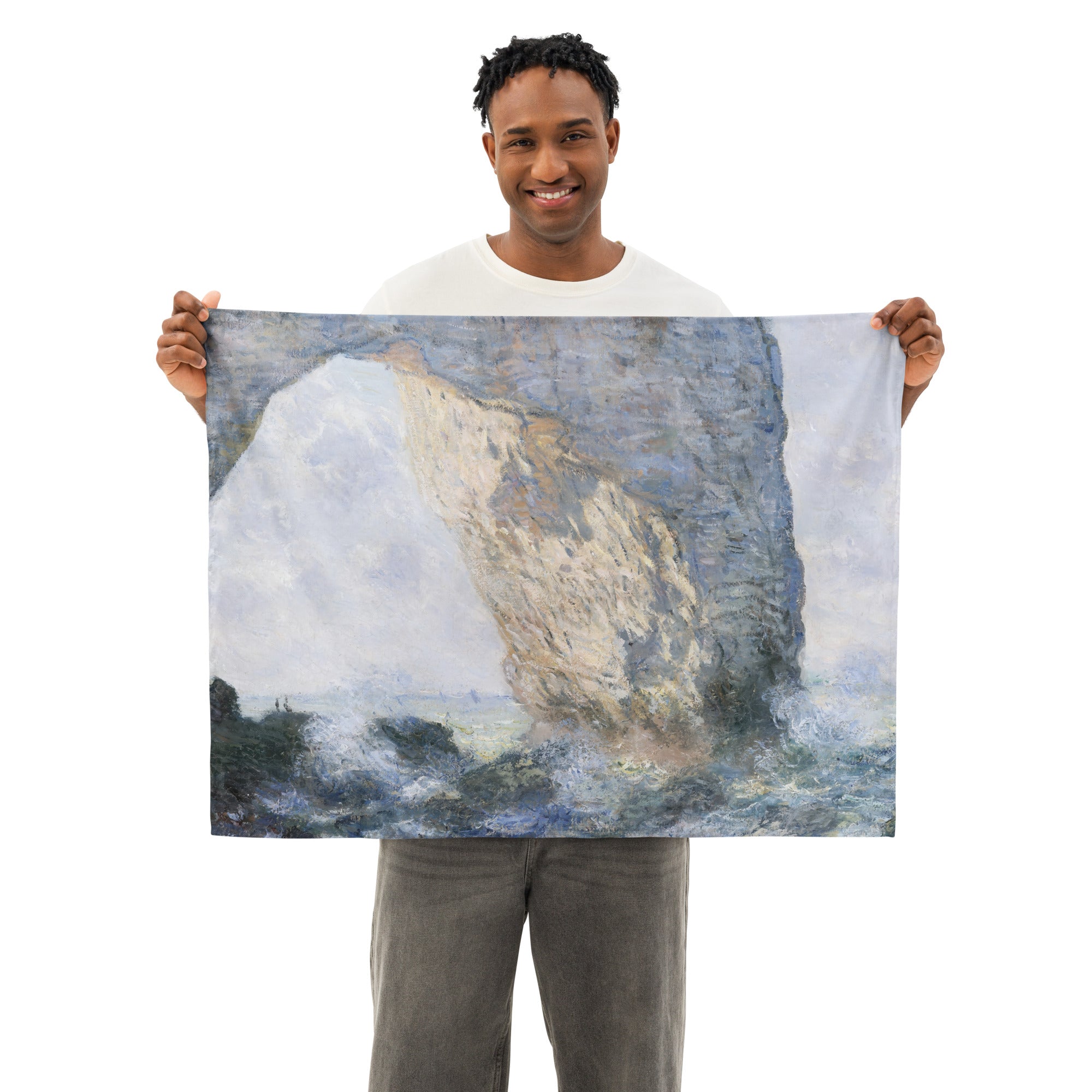 Coocosh indoor tapestry wall art featuring Claude Monet's 'The Manneporte,' expertly crafted from durable polyester to elevate your home aesthetics with vibrant landscapes, inviting nature indoors while adding a touch of elegance to any space.