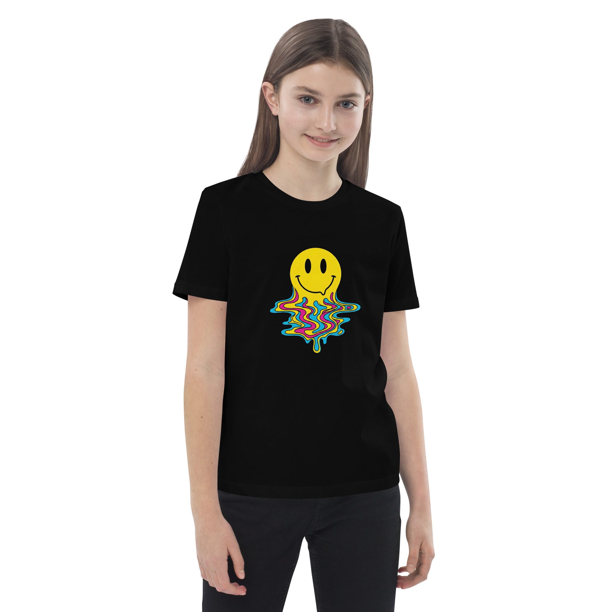 Coocosh's kids t-shirt in pink, crafted from organic cotton, showcases a fun melting smiley face design, perfect for creative and active youngsters.