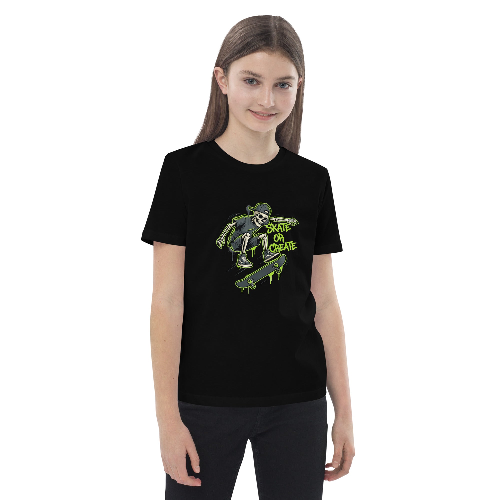 Green kids t-shirt by Coocosh made from organic cotton, showcasing a cool skeleton and graffiti art. Ideal for skateboarding activities.