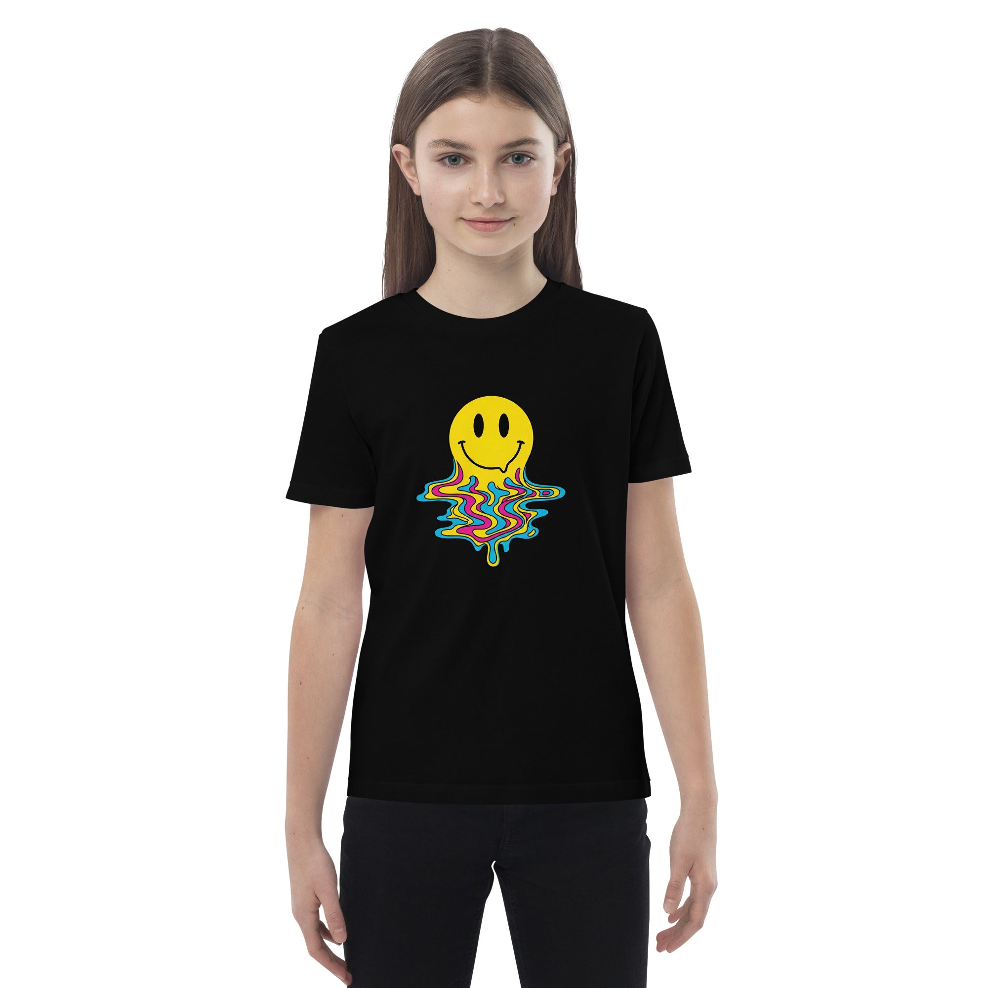 The Coocosh organic cotton t-shirt for kids features an eye-catching blue melting smiley face, making it a cheerful choice for casual playdates.