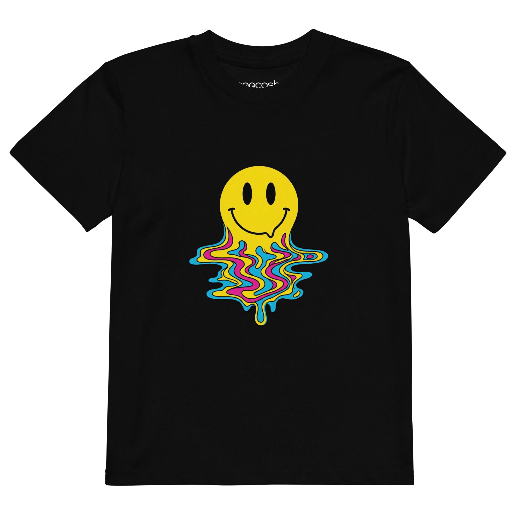 Bright blue Coocosh kids t-shirt made from organic cotton, featuring a fun melting smiley face, great for casual family activities.