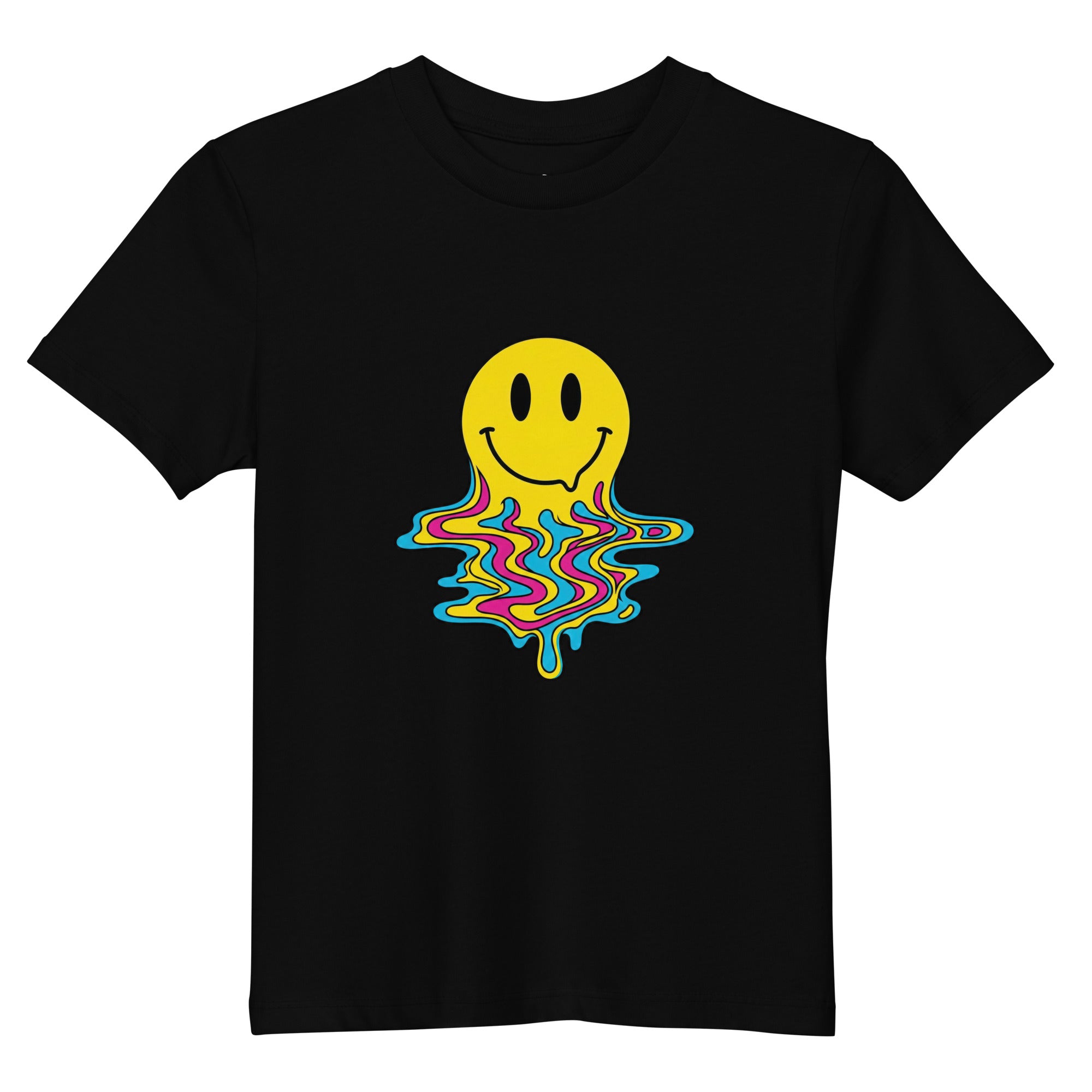 This Coocosh t-shirt for kids comes in blue, adorned with a fun melting smiley face pattern, made from organic cotton for everyday use.