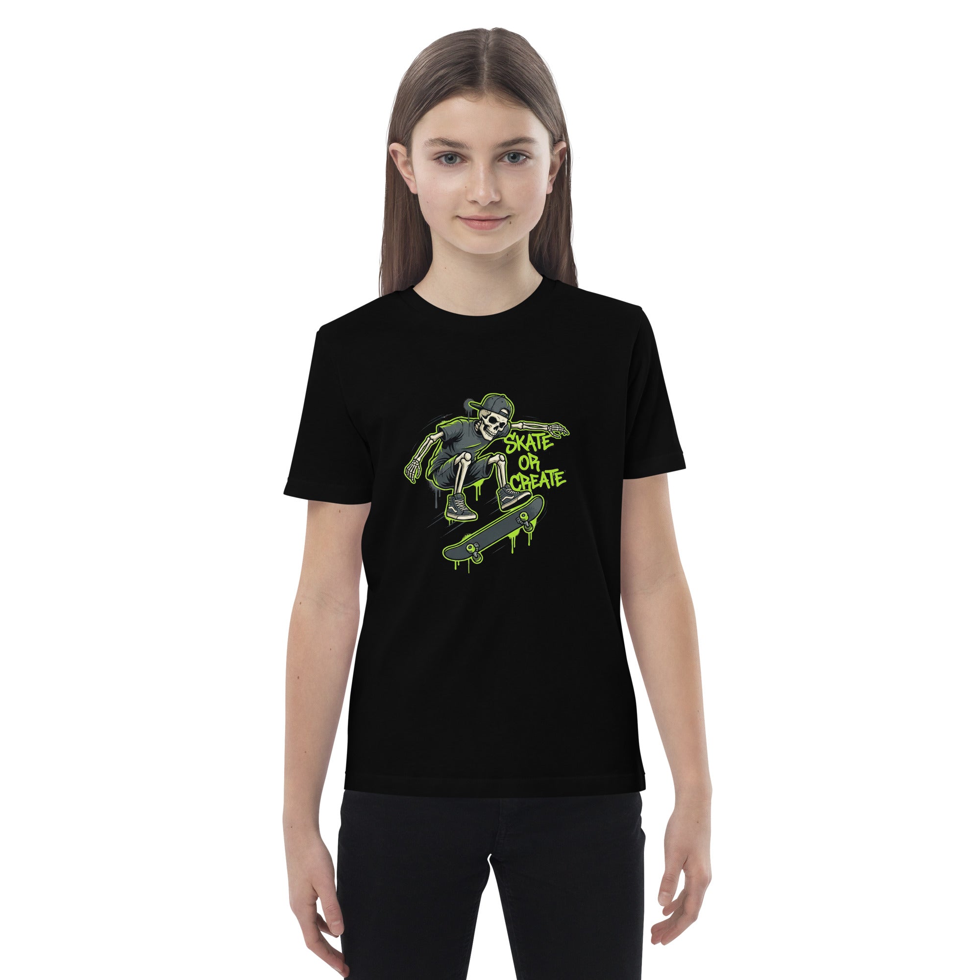 Unique Coocosh kids t-shirt made of organic cotton, in a bright green color showcasing graffiti and skeleton art. Perfect for skateboarding.