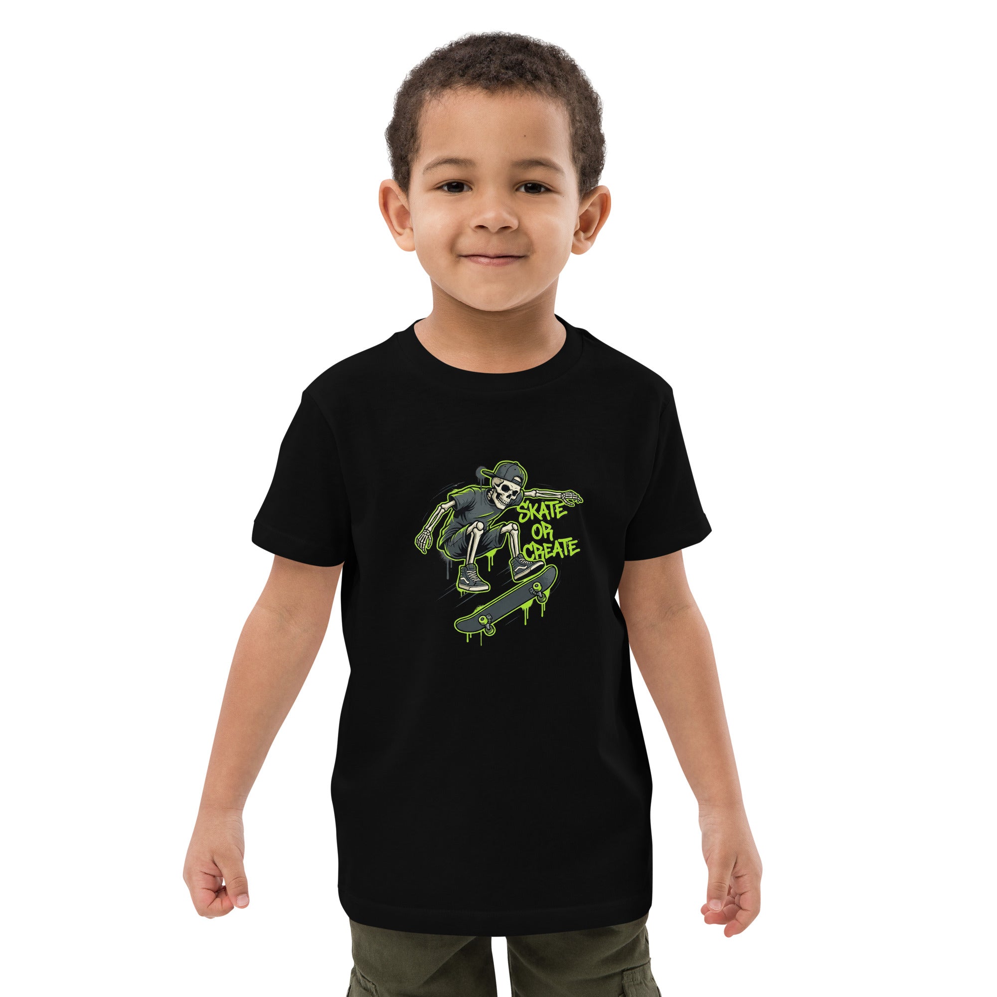 Bright green Coocosh kids t-shirt showcasing a graffiti skeleton theme, made from organic cotton. A cool fit for young skateboarders.