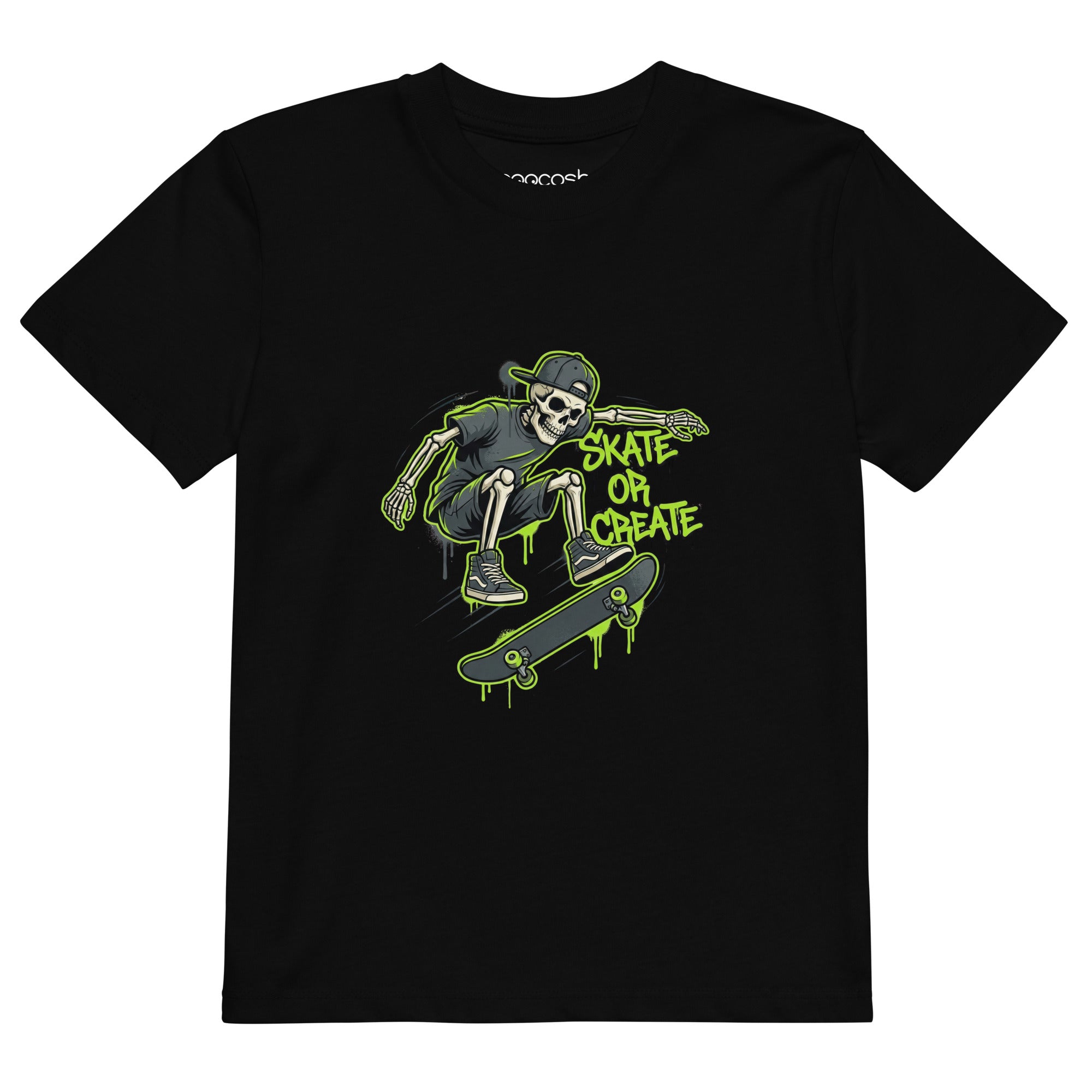 Coocosh vibrant green organic cotton t-shirt for children featuring a graffiti skeleton. Perfect for skateboarding and outdoor fun.