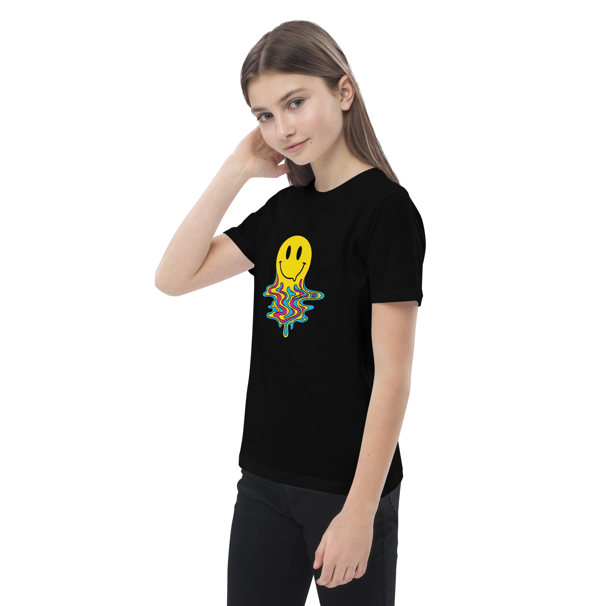 A delightful kids t-shirt from Coocosh made of organic cotton, showcasing a whimsical melting smiley face in pink, great for relaxed summer days.