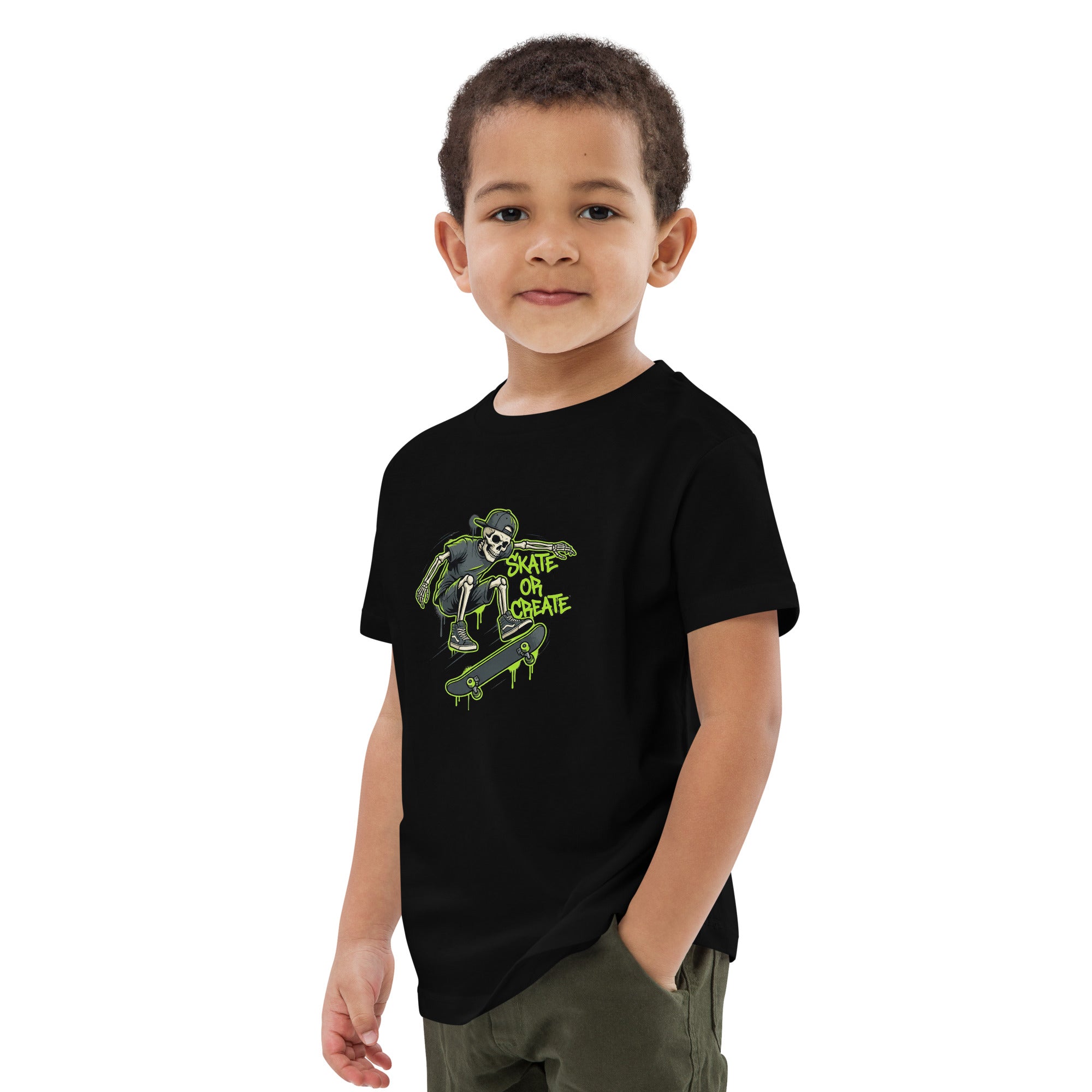Child wearing a black t-shirt with a graphic design on a white background