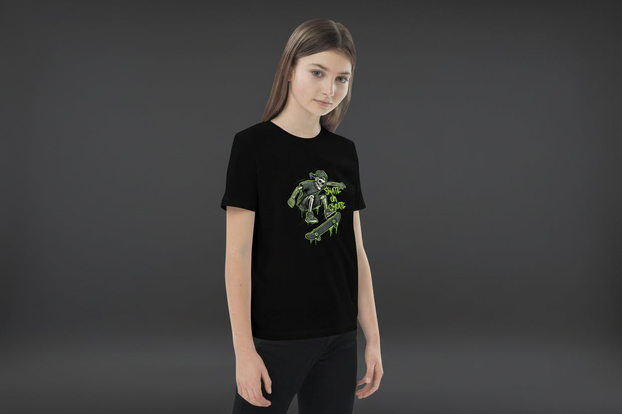 Eco-friendly Coocosh kids t-shirt in vibrant green, featuring a skeleton and graffiti design. Perfect for skateboarding enthusiasts.