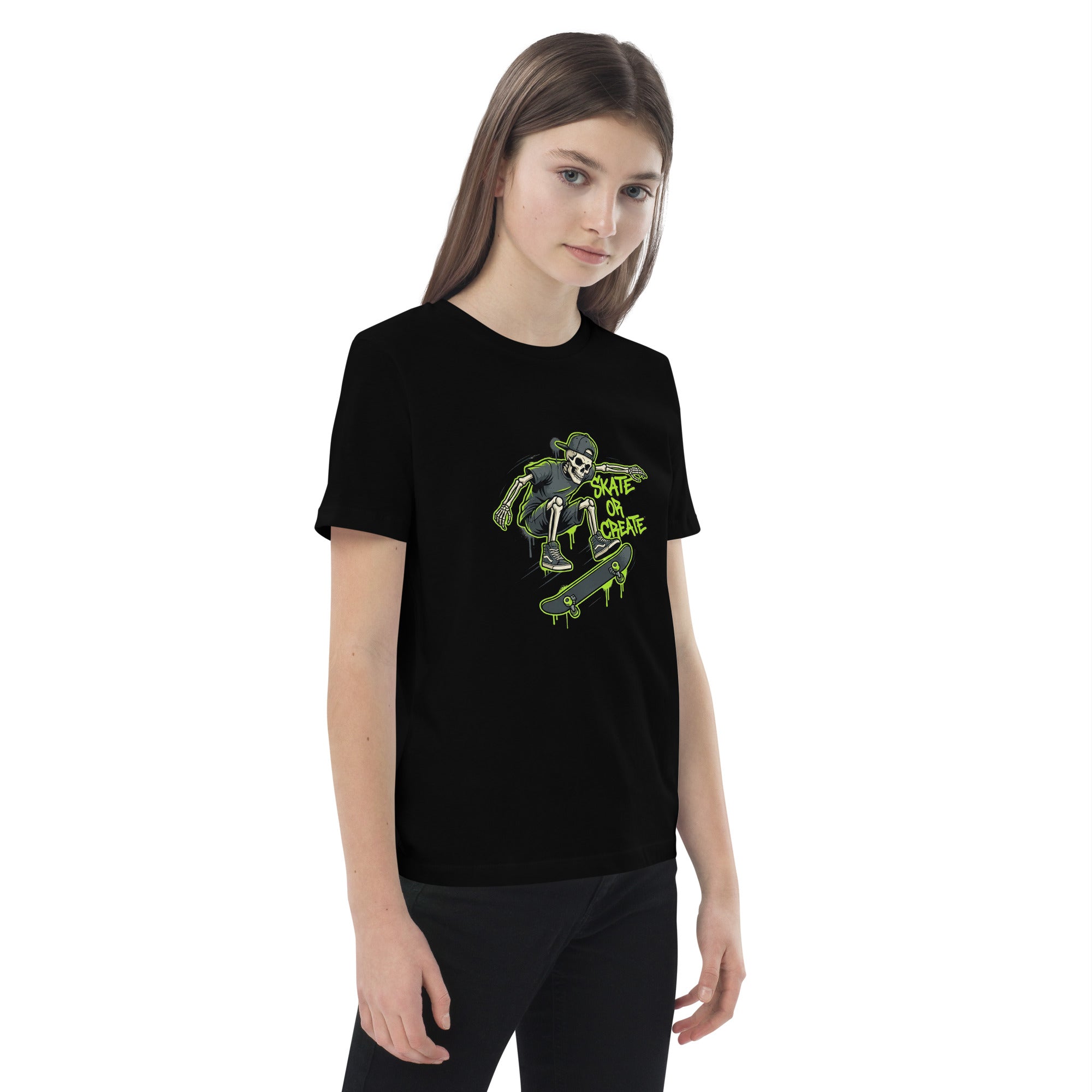 Eco-friendly Coocosh kids t-shirt in vibrant green, featuring a skeleton and graffiti design. Perfect for skateboarding enthusiasts.